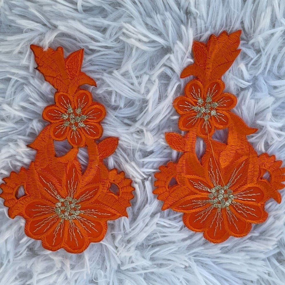 Orange Iron On Patches Orange Flower Embroidery Craft Clothes Accessory set of 2